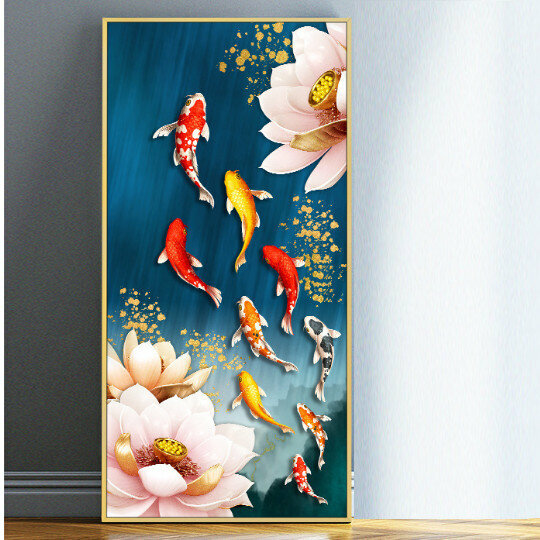 Popular Chinese lotus entrance decorative painting [more than enough every year-1] size [60*120cm crystal porcelain surface + thickened aluminum alloy frame]