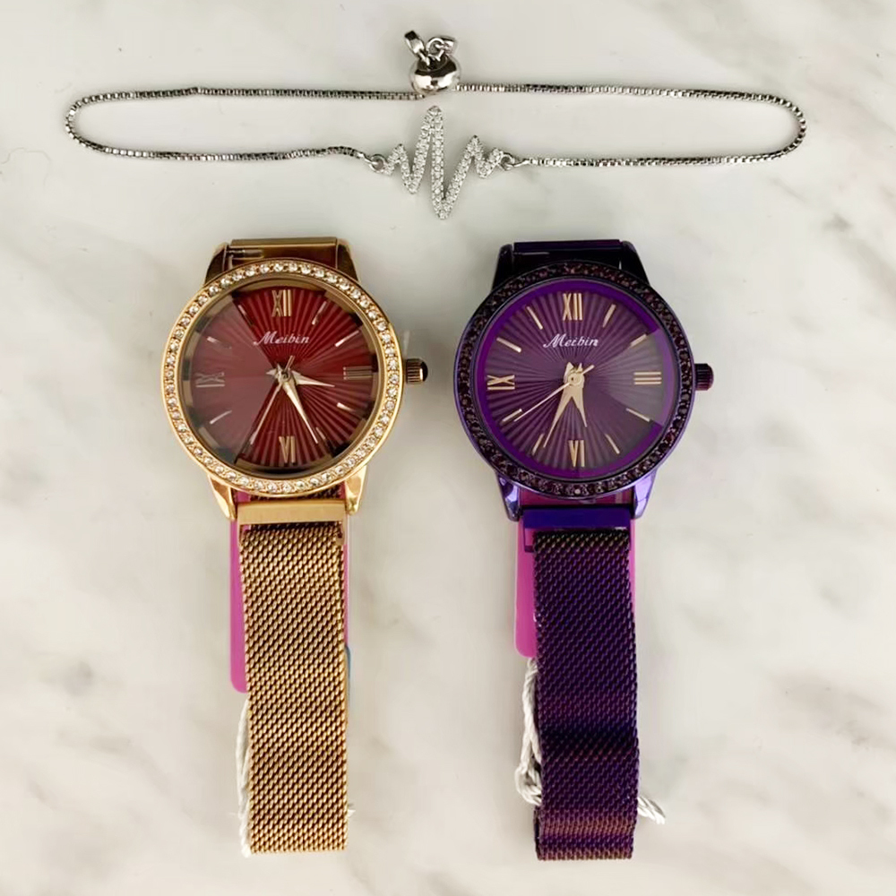 【Mebin 美賓】晶鑽錶圈  米蘭不鏽鋼腕錶+手鍊組