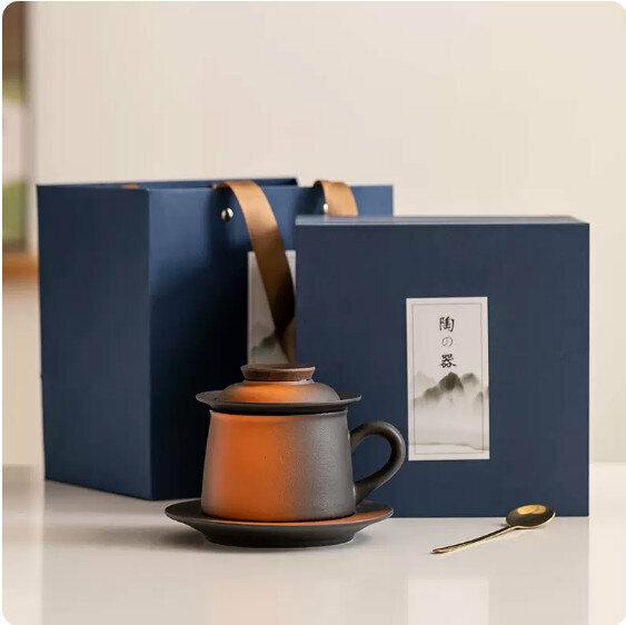 Hotly recommended ceramic tea water separation tea cup [gradient Mars yellow "Jinghong" ceramic handle filter tea cup + saucer + spoon + gift box]