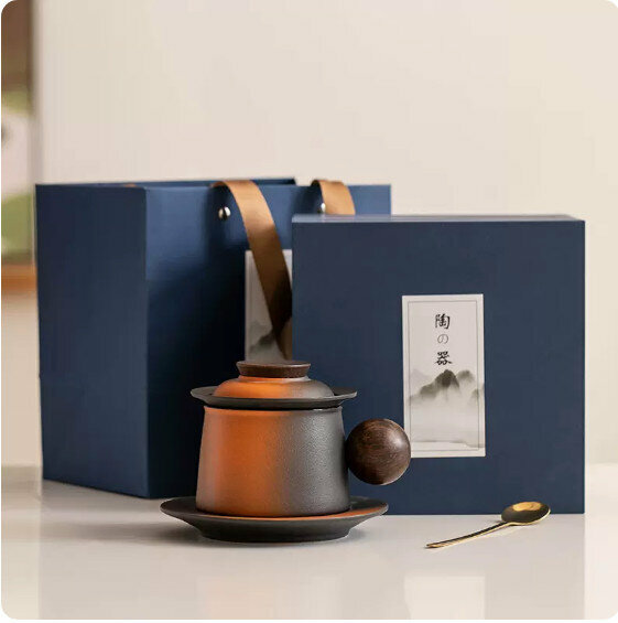 Hotly recommended ceramic tea water separation tea cup [gradient Mars yellow "Jinghong" wooden handle filter tea cup + saucer + spoon + gift box]