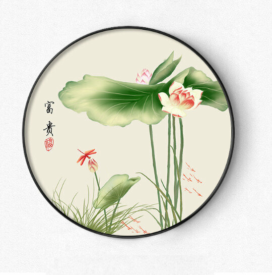 新款中式圓形裝飾畫【家和平安B（黑色框）】尺寸【直徑90*90cm烤瓷平面】