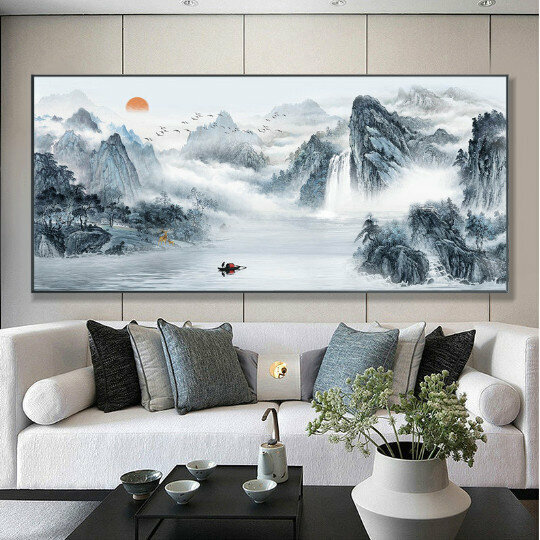 新款客廳裝飾掛畫【16款山水聚財】尺寸【120*40cm亮面晶瓷+鋁合金黑色邊框】