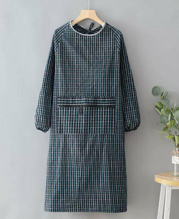 New extended thick zipper pocket-green grid-simple apron