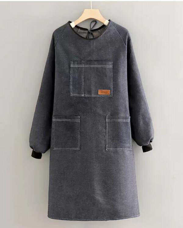 New simple apron-long-sleeved denim-pinzi pocket-extra large style