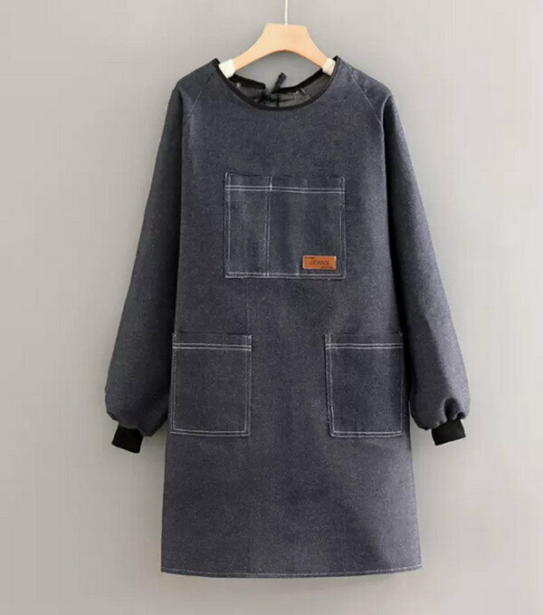 New simple apron-long-sleeved denim-pinzi pocket-regular style