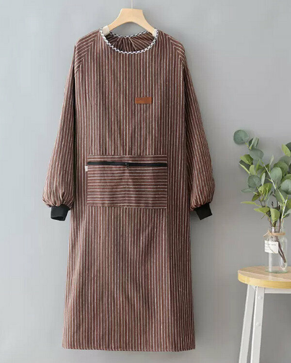 New lengthened coarse cloth long sleeves-thin coffee strips-simple apron (45-80KG)