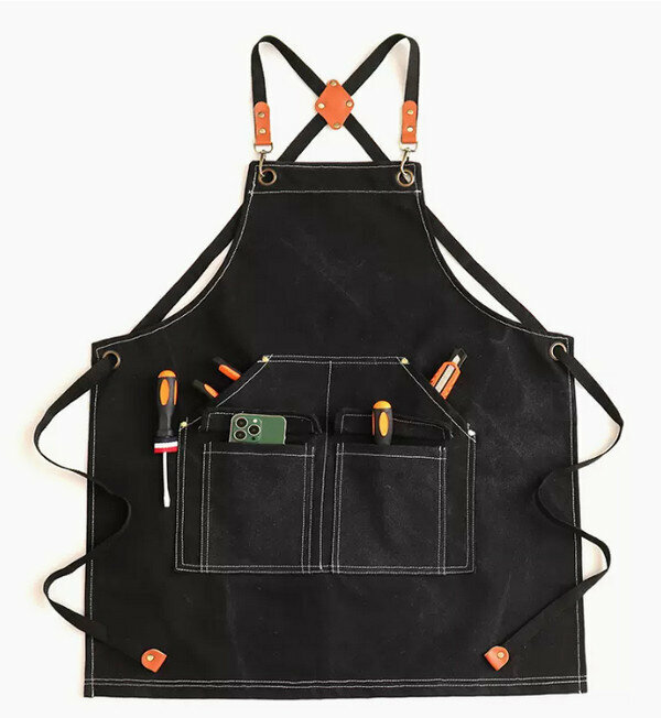 New one-size-fits-all simple work apron - water-repellent canvas washed cross T-pocket black