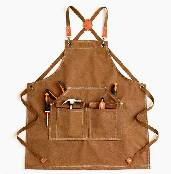 New one-size-fits-all simple work apron - water-repellent canvas washed cross T-pocket camel