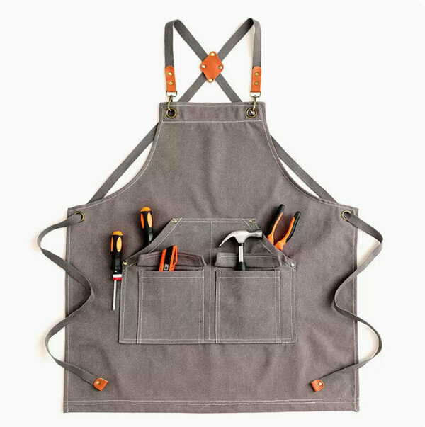 New one-size-fits-all simple work apron - water-repellent canvas washed cross T-pocket gray
