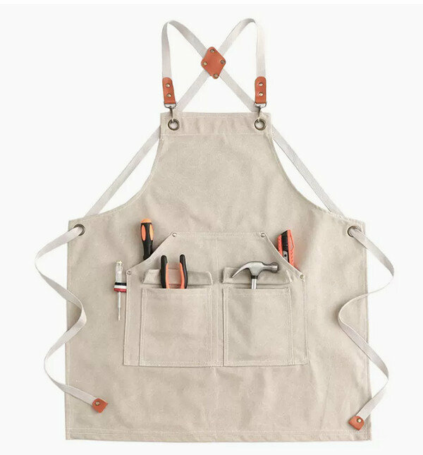 New one-size-fits-all simple work apron - water-repellent canvas washed cross T-pocket beige