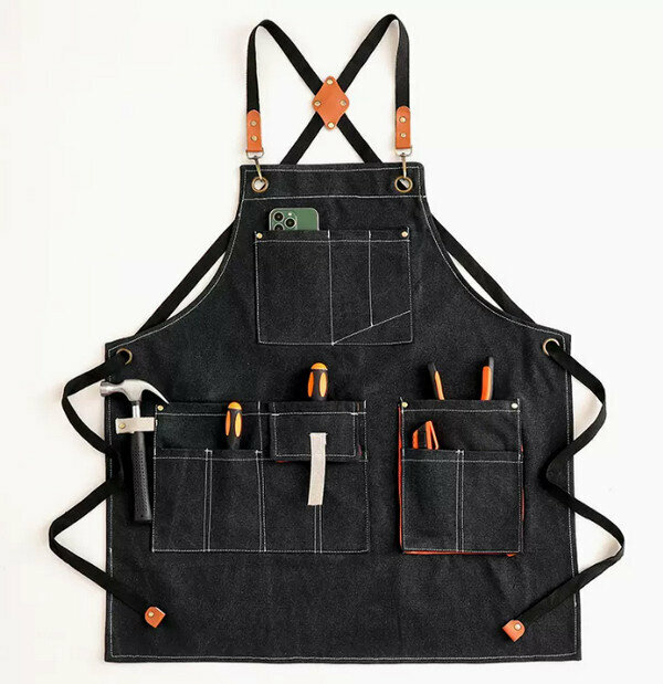 New water repellent canvas washed cross three-dimensional pocket black - one size fits all apron