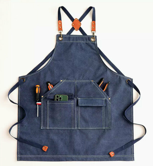 New one-size-fits-all simple work apron - water-repellent canvas washed cross T-pocket blue