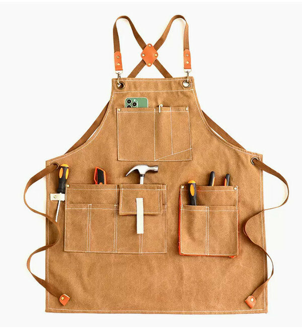 New water repellent canvas washed cross three-dimensional pocket camel-one size apron