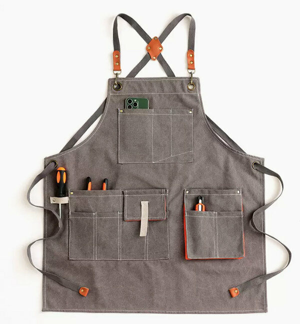 New water repellent canvas washed cross three-dimensional pocket gray - one size fits all apron