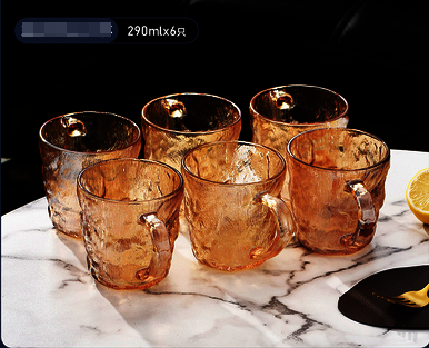 New glacier pattern glass cup with handle water cup tea cup (specification: amber short style 6 pieces 290ml)