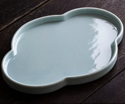 新款復古陶瓷茶果盤(海棠盤-粉青)(尺寸:23.3*17*1.6CM)