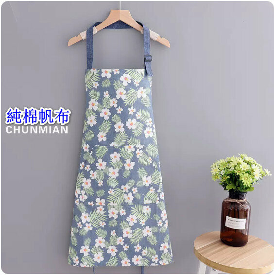 New fashionable and cute apron [canvas pure cotton halterneck (blue background flower)] [Specification: 76*68CM]