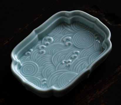 新款復古陶瓷方形海浪茶果盤(粉青)(尺寸:長13CM*寬9.5CM*高2CM)