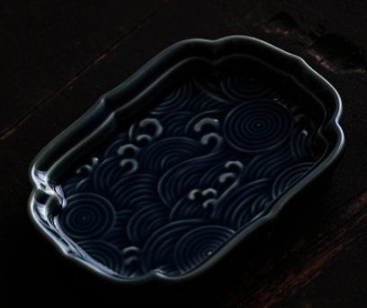 新款復古陶瓷方形海浪茶果盤(霽藍)(尺寸:長13CM*寬9.5CM*高2CM)