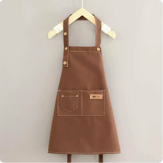 Hot selling cute apron [Children's halterneck canvas sewing thread pure coffee color within 140cm] [Specification: 46*51CM]