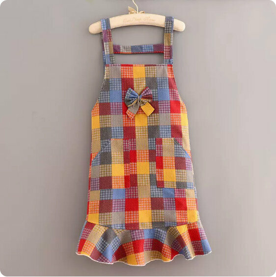 Hot selling cotton and linen cute western style apron [LX777 bow Korean style suspenders large grid color grid] [Specification: 70*80CM]