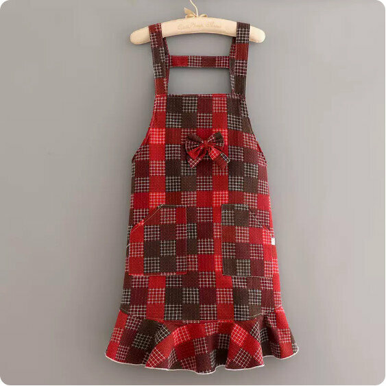 Hot Selling Cotton and Linen Cute Western Style Apron [LX777 Bow Korean Style Straps Large Checkered Maroon] [Specification: 70*80CM]