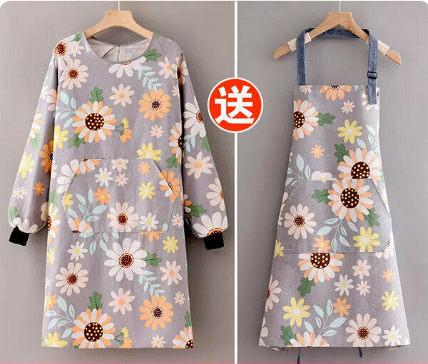 Hot selling one size fits all work apron - long sleeve cotton canvas gray sunflower + halter neck (sleeveless)