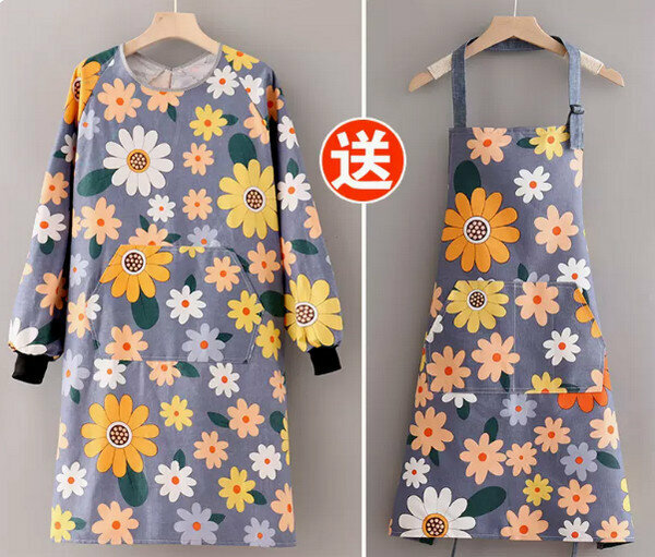Hot selling one size fits all work apron - long sleeve cotton canvas blue sunflower + halter neck (sleeveless)