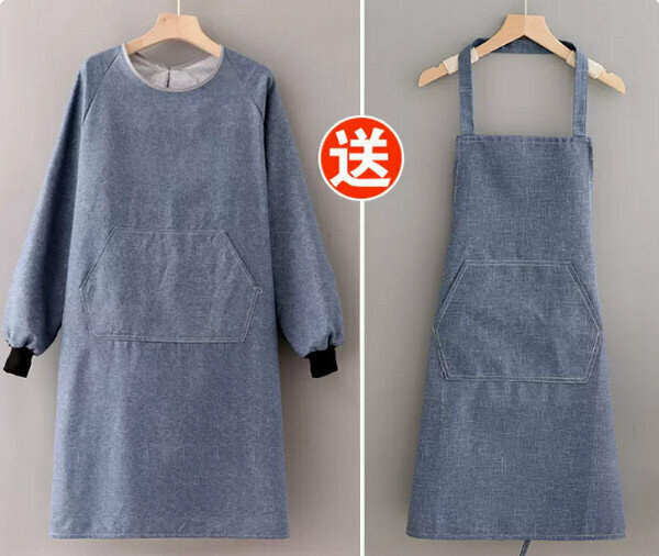 Hot selling one-size-fits-all work apron - long-sleeved cotton canvas gray denim blue ingot + halter neck (sleeveless)