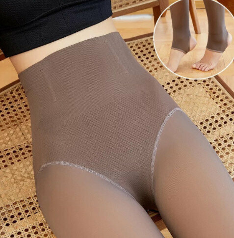 【1 pair】Women's autumn and winter wear velvet belly and hip pants (fishbone high-waisted coffee through the skin stepping on the foot)