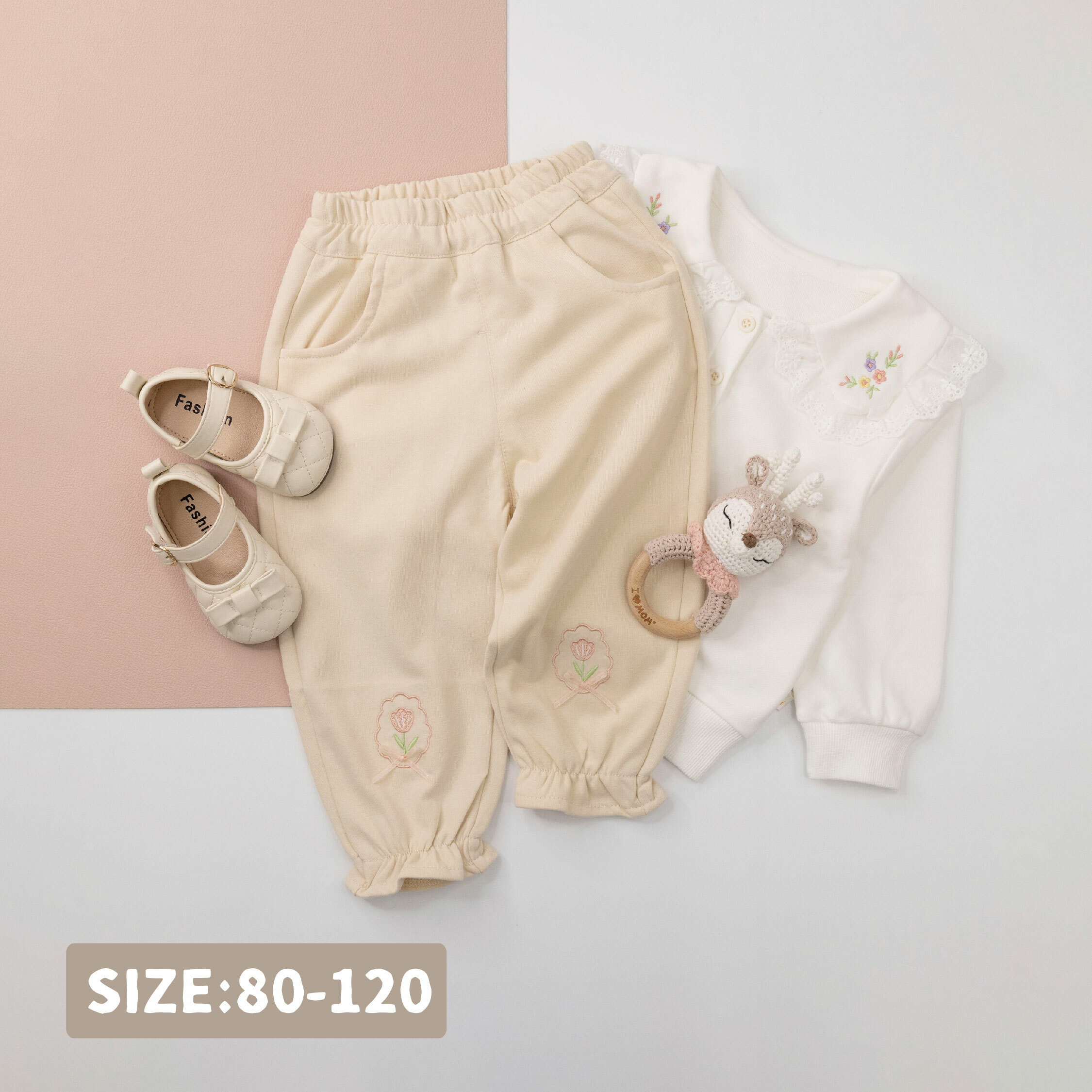 【H35851】粉紅鬱金香質感休閒褲