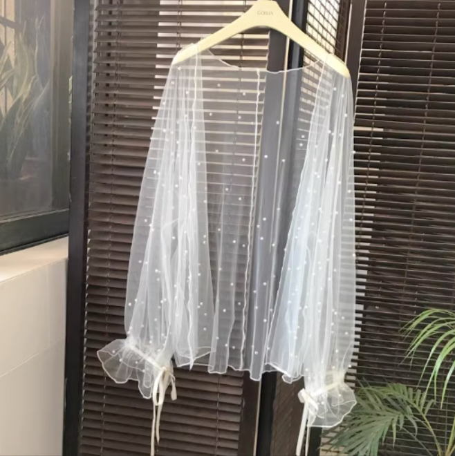 Thin Mesh Cardigan Jacket (White) (One Size)