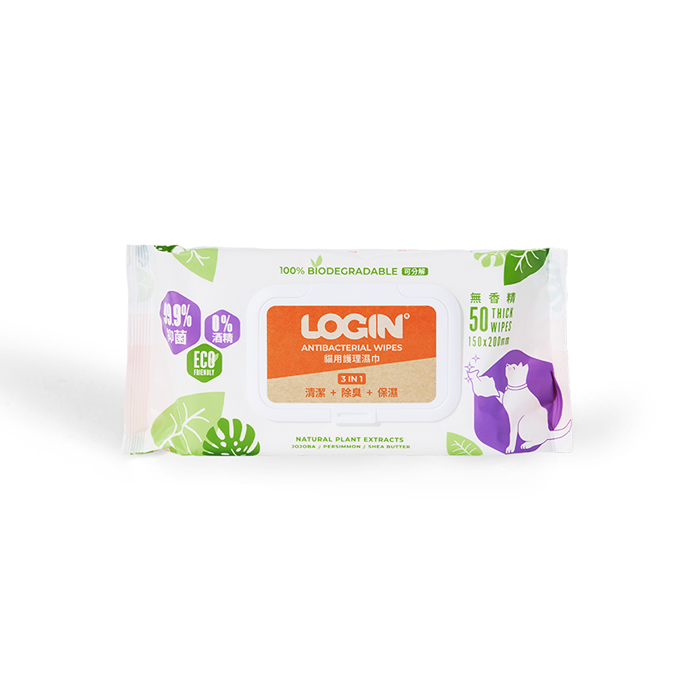 澳洲LOGIN 洛格 3合一 除臭 抑菌 護理 濕紙巾（50抽） |寵物用濕紙巾