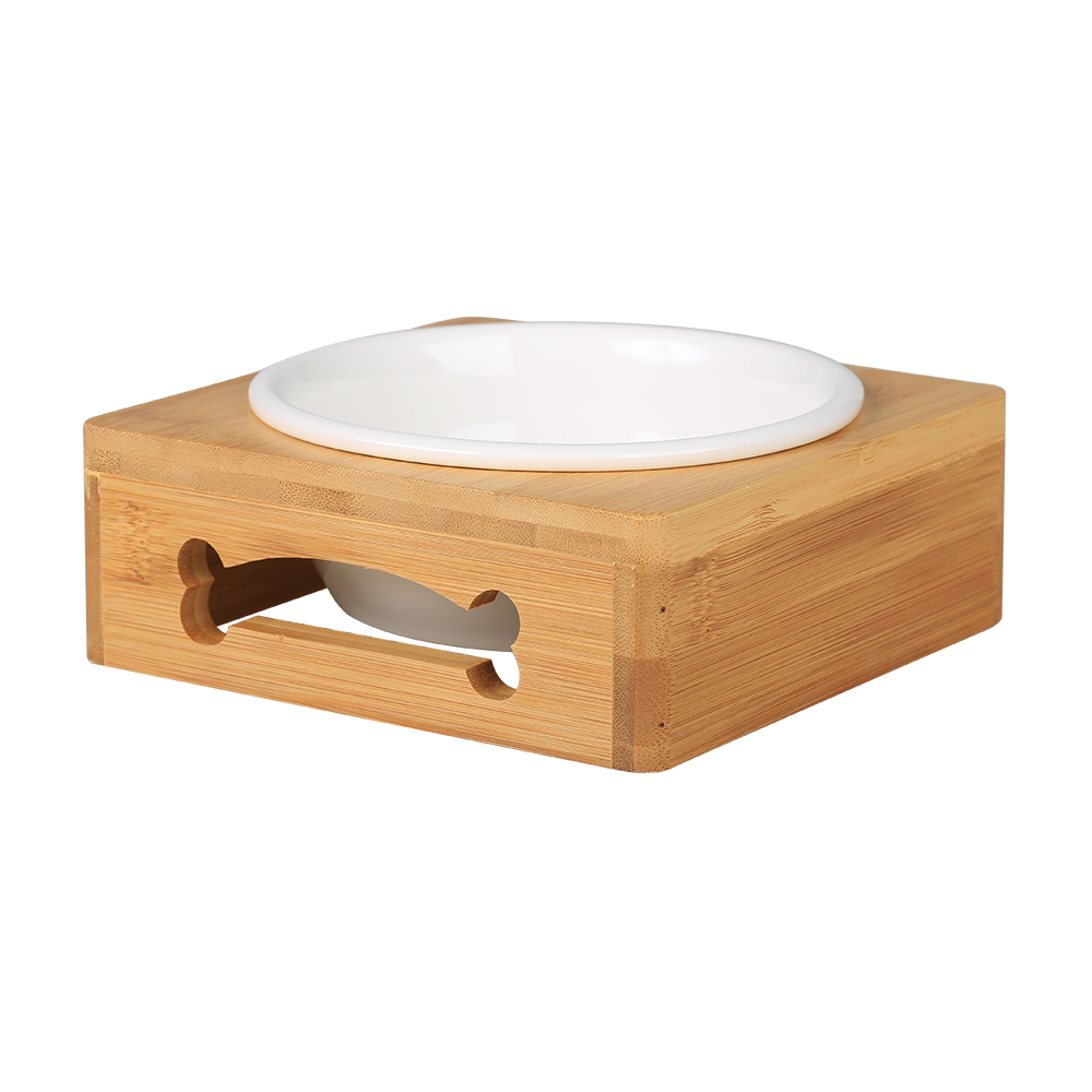 方形圓邊竹製碗架+單碗|寵物碗組