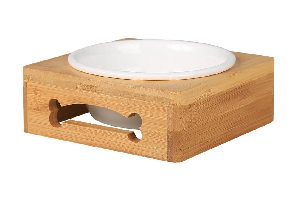 方形圓邊竹製碗架+單碗|寵物碗組