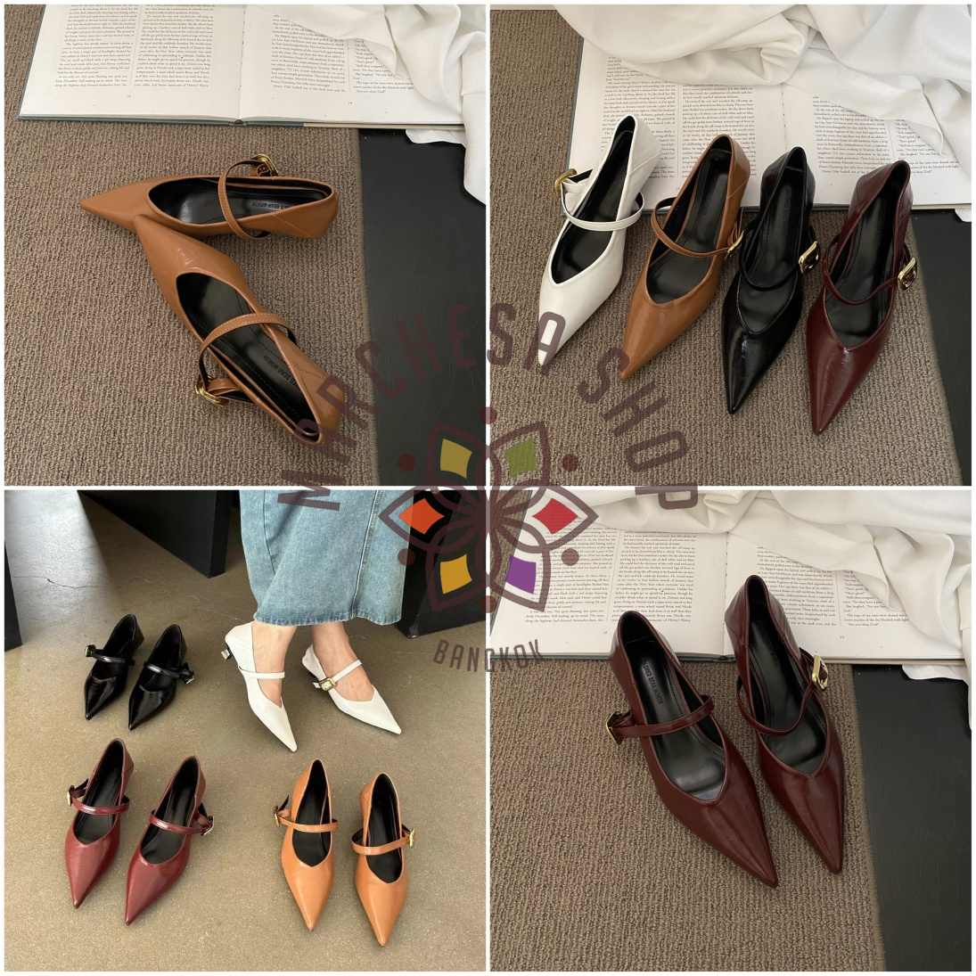 S3142 - 牛皮簡約一字方扣帶尖頭低踭鞋