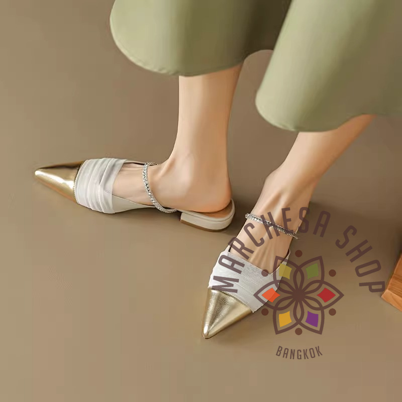 S3143 - 羊皮拼色網紗閃鑽帶尖頭平底涼拖