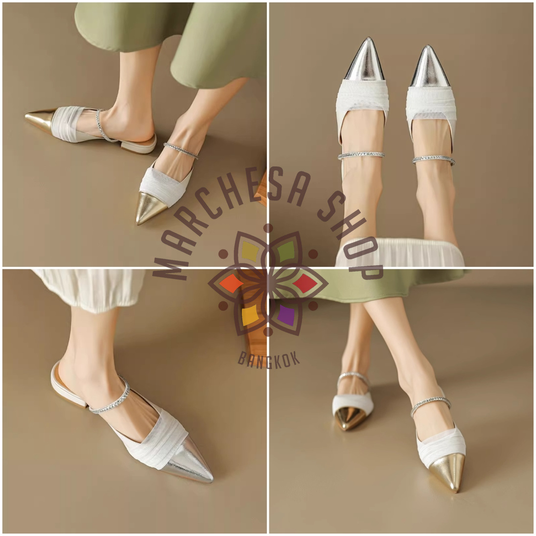 S3143 - 羊皮拼色網紗閃鑽帶尖頭平底涼拖