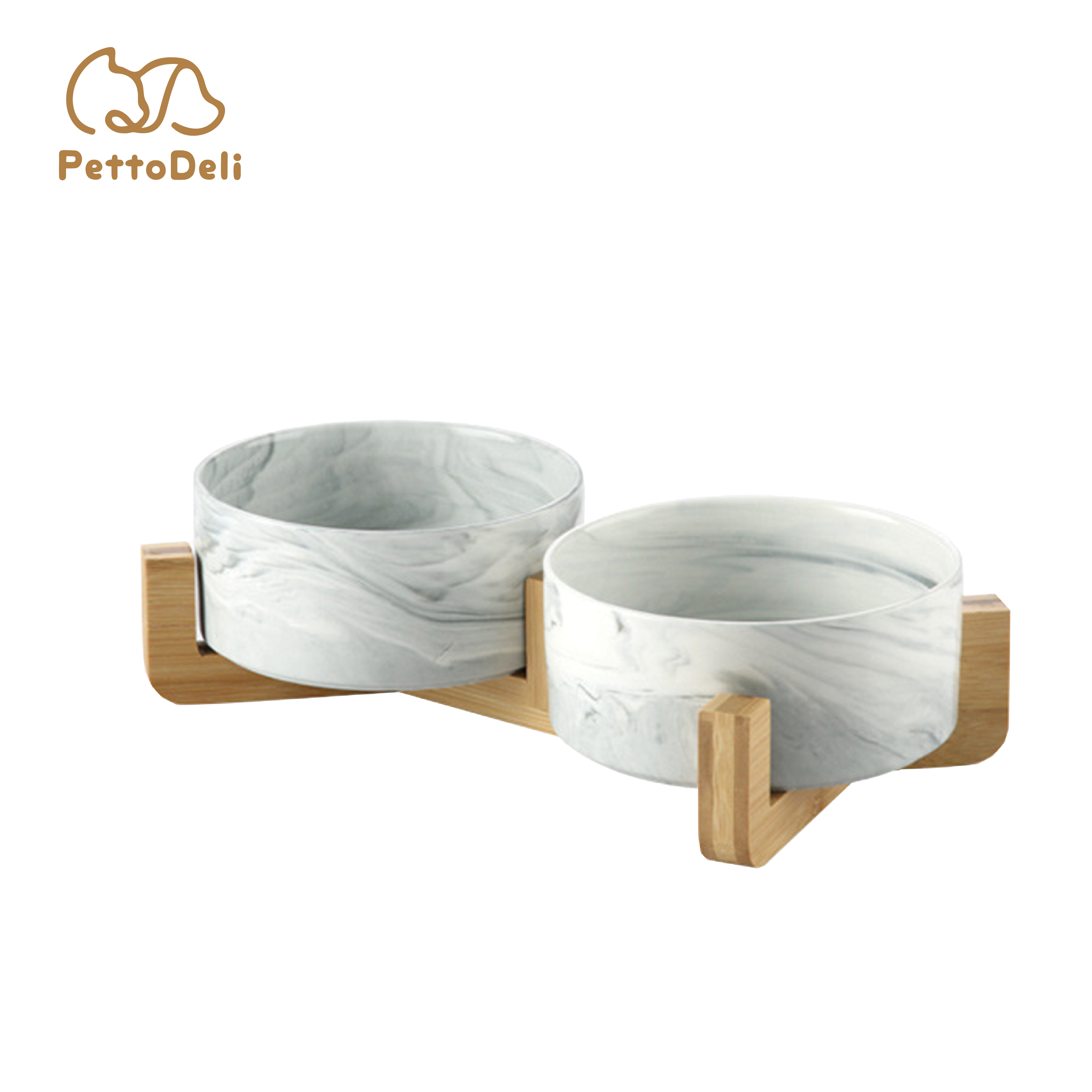 PettoDeli | 15.5cm 大理石紋雙碗 連木架 (灰色)（710019）