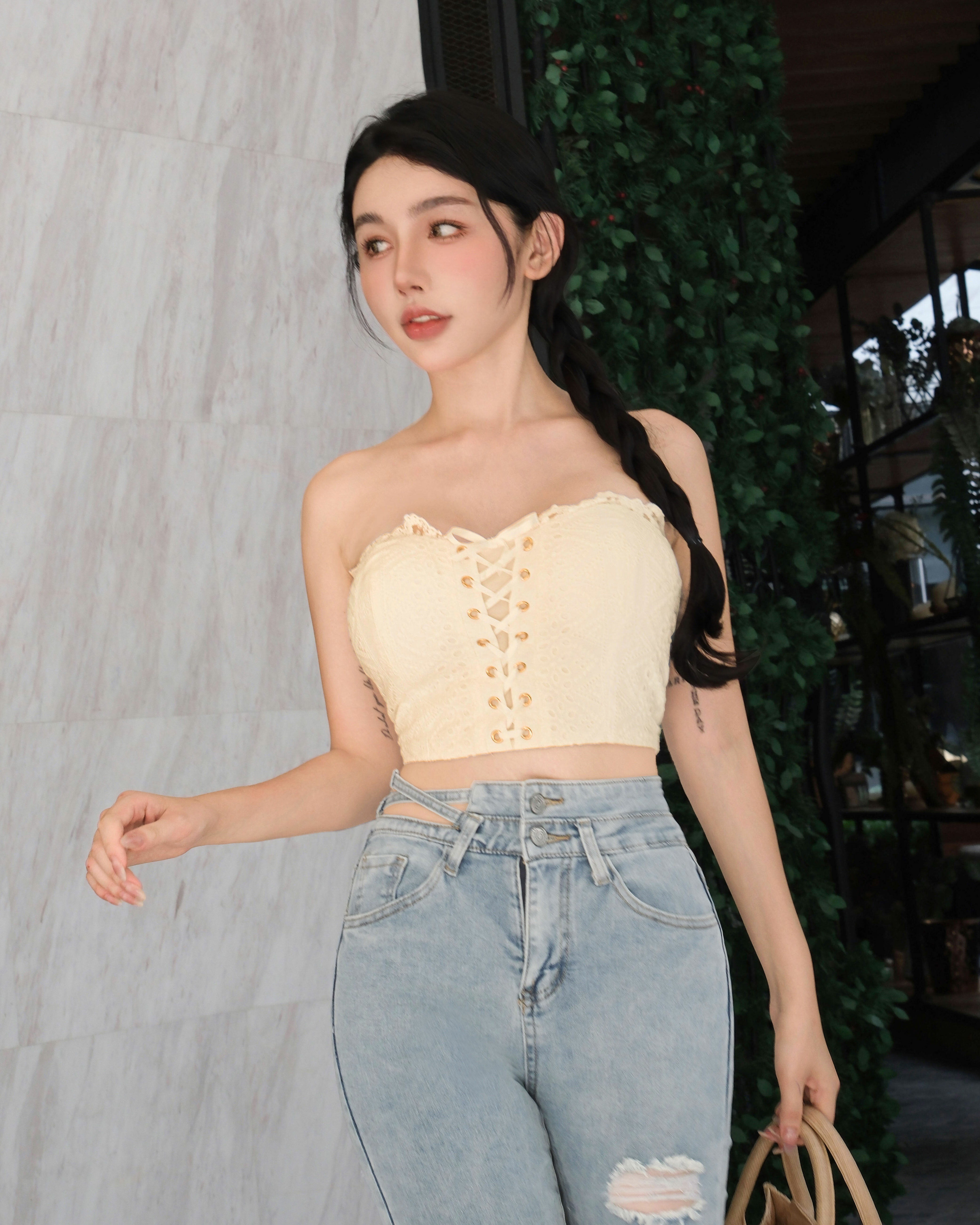 訂製-純欲緹花交叉緞帶馬甲