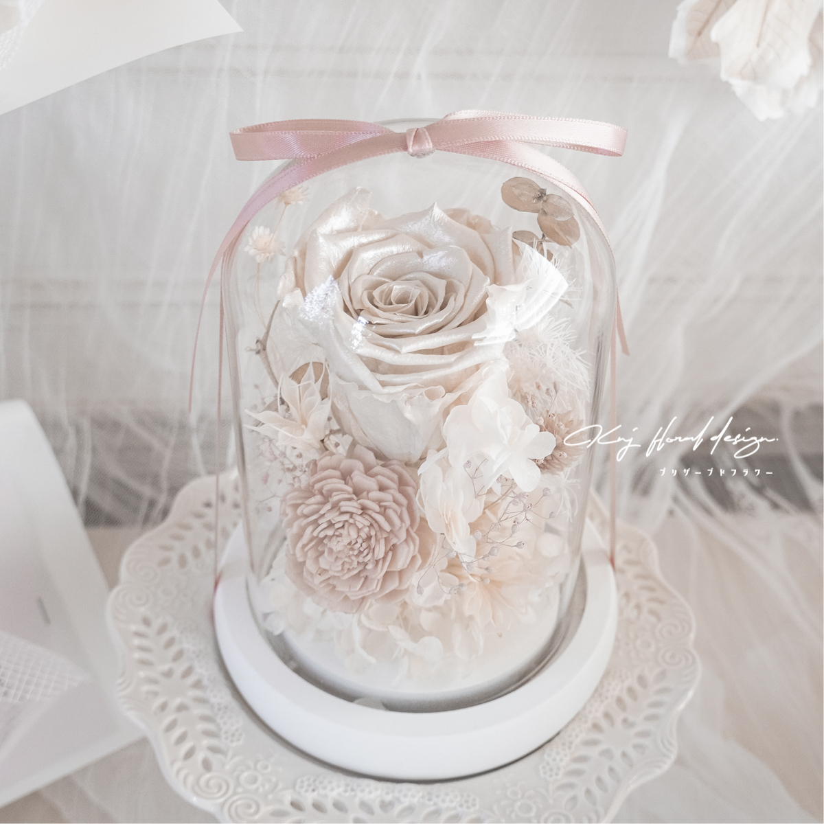 夢幻白永生花玻璃燈盅