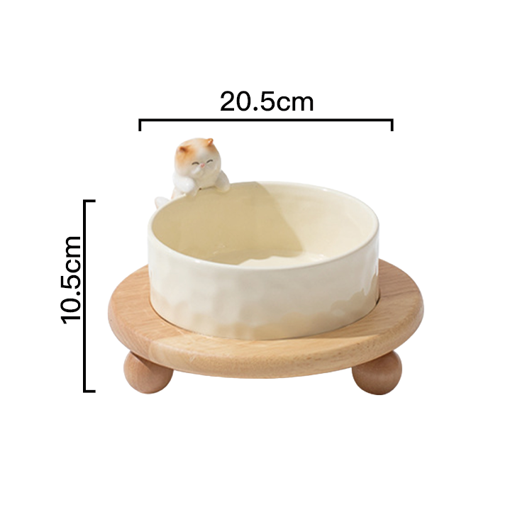 PettoDeli |  15cm 陶瓷製貓咪造型碗 連圓盤四腳小木托（710040）