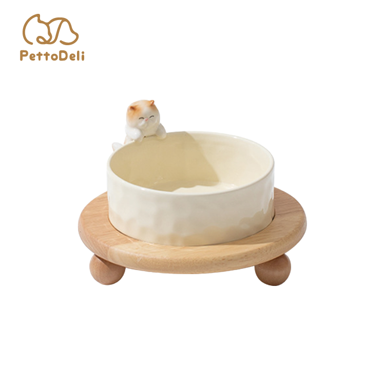 PettoDeli |  15cm 陶瓷製貓咪造型碗 連圓盤四腳小木托（710040）