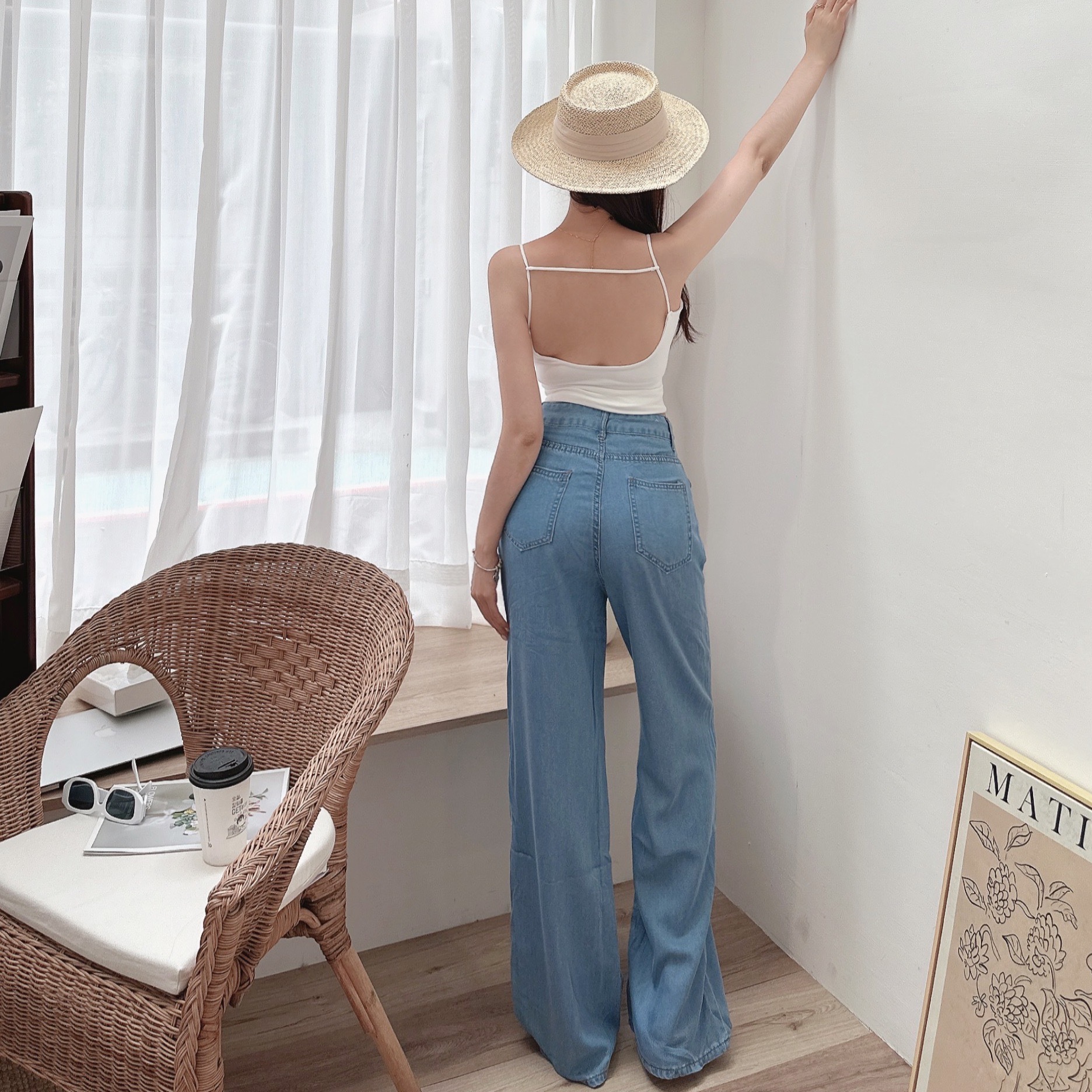 涼感車線牛仔闊腿褲/二色