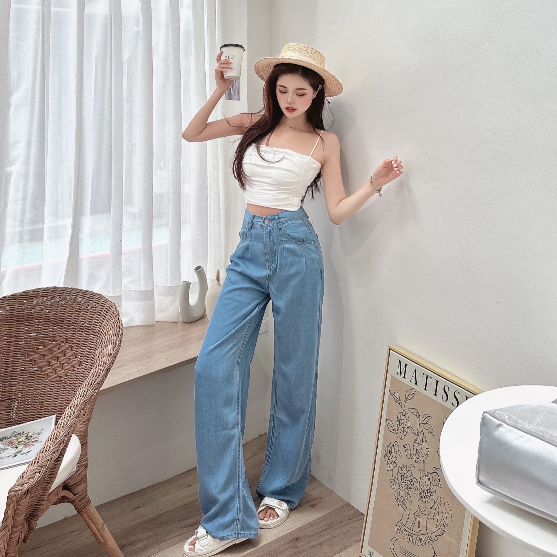 涼感車線牛仔闊腿褲/二色