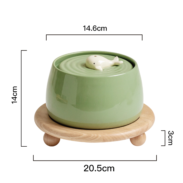 PettoDeli |  陶瓷製鯨魚飲水機  (淺綠色)碗連圓盤四腳小木托（710046）