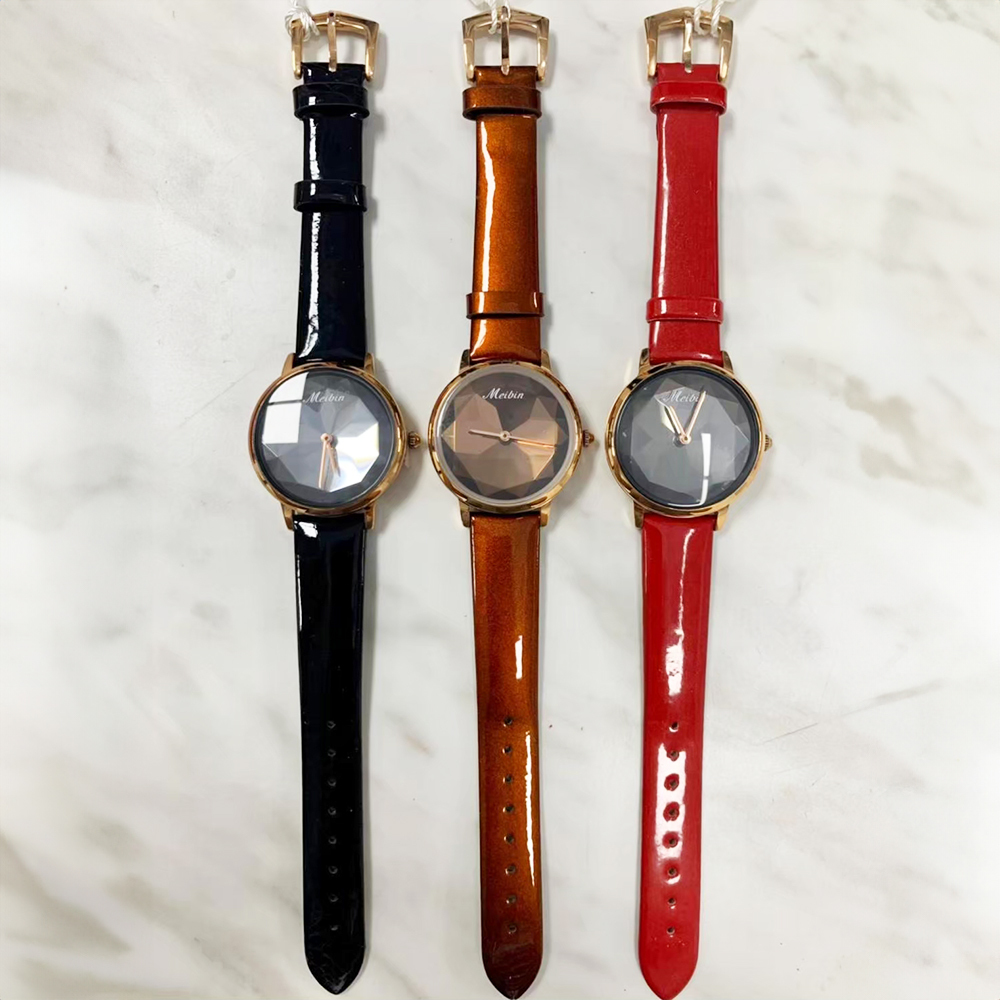 【Mebin 美賓】寶石切割錶圈錶盤 質感亮面皮革腕錶