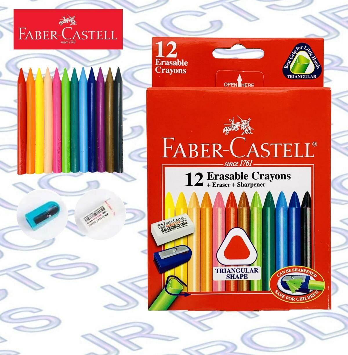 輝栢嘉 - 德國FABER 可擦三角蠟筆+擦膠+筆刨, 12色盒裝#122612《香港行貨》