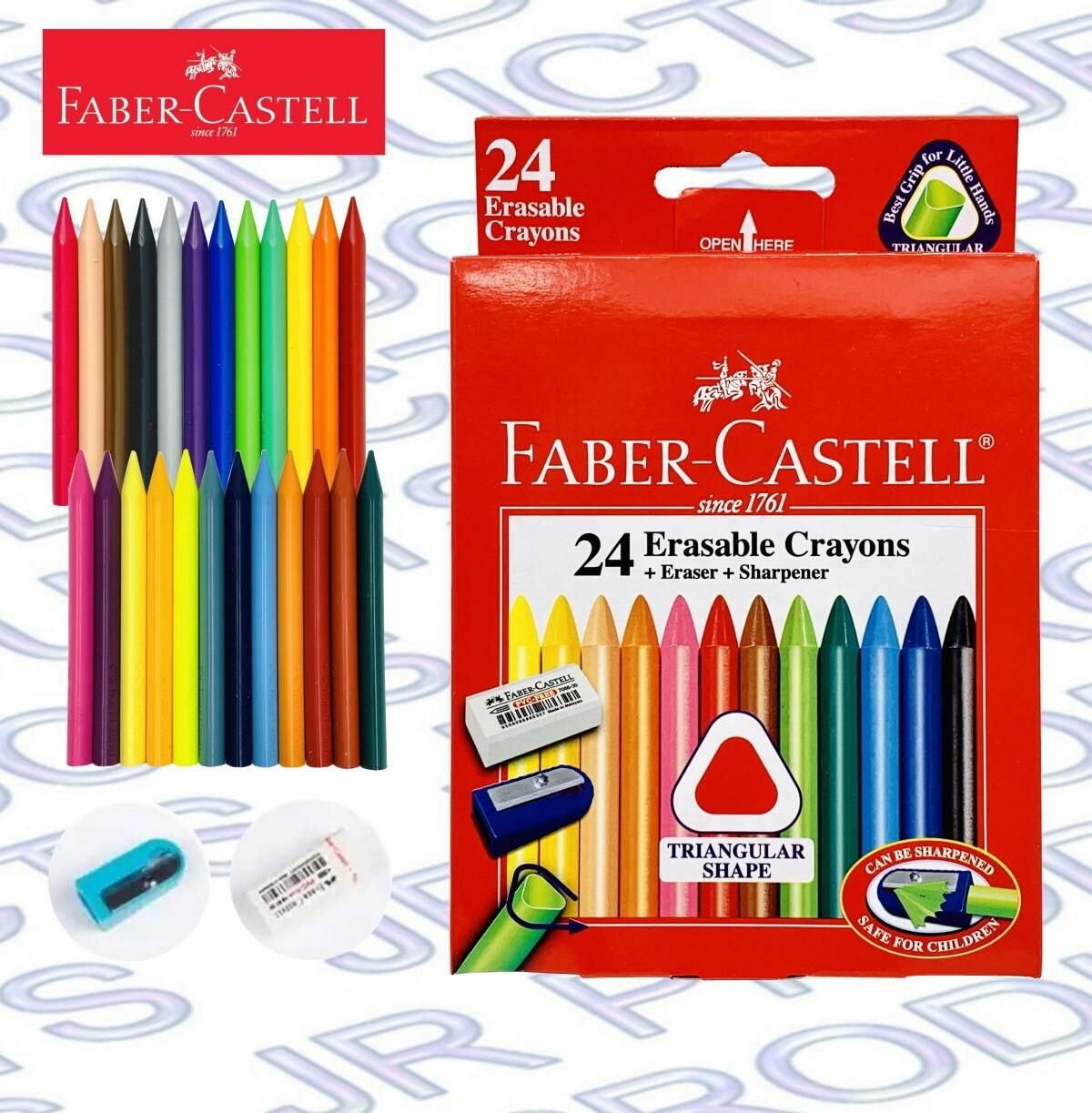 輝栢嘉 - 德國FABER 可擦三角蠟筆+擦膠+筆刨, 24色盒裝#122624《香港行貨》