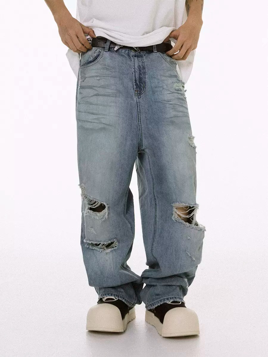 ROCKSTA 藍色水洗做舊直筒寬鬆牛仔褲